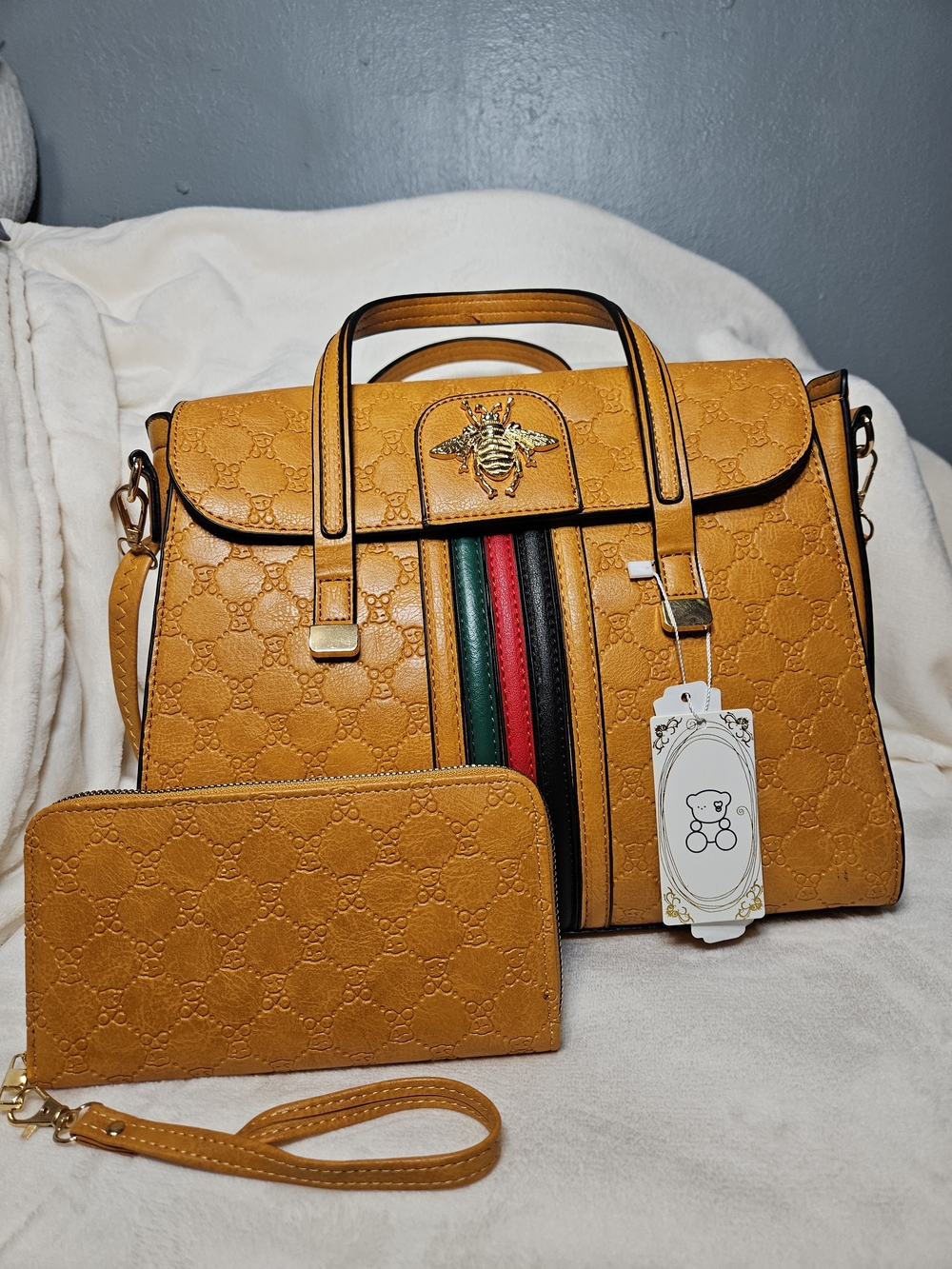 Structured Satchel Handbag with Matching Wallet - Mustard Yellow